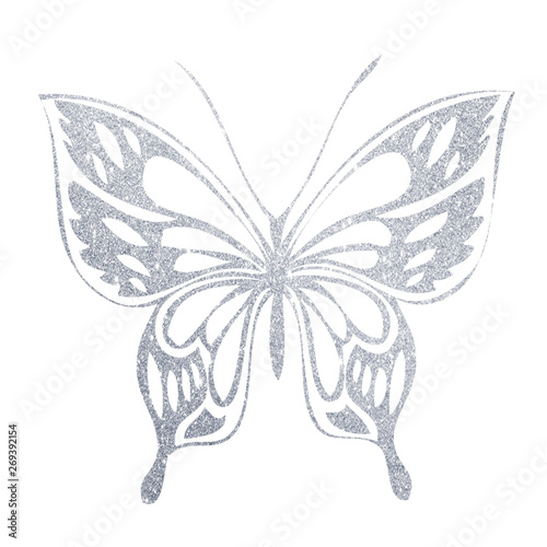 A hand-drawn silver butterfly. Illustration on white background.