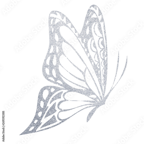 A hand-drawn silver butterfly. Illustration on white background.