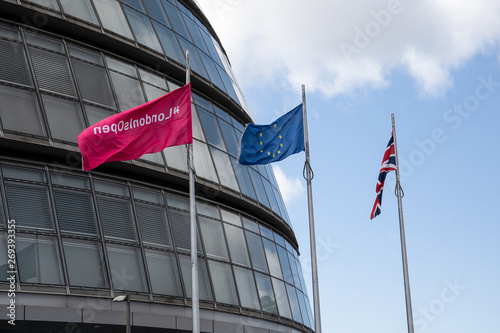 London city hall, - the office for the mayor of London and London Assembly, British, EU and London flags