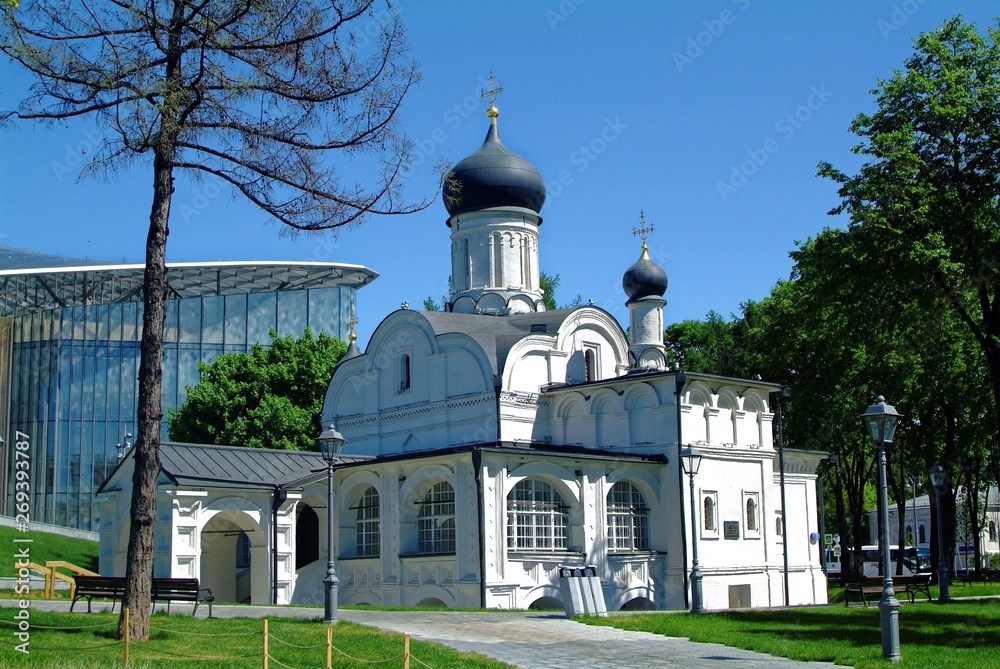 Church in spring in Zaryadye Park, Moscow