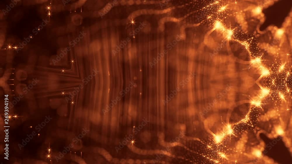 glow particles form sci-fi cosmic background. looped 3d animation. Golden red symmetrical structures ver 26