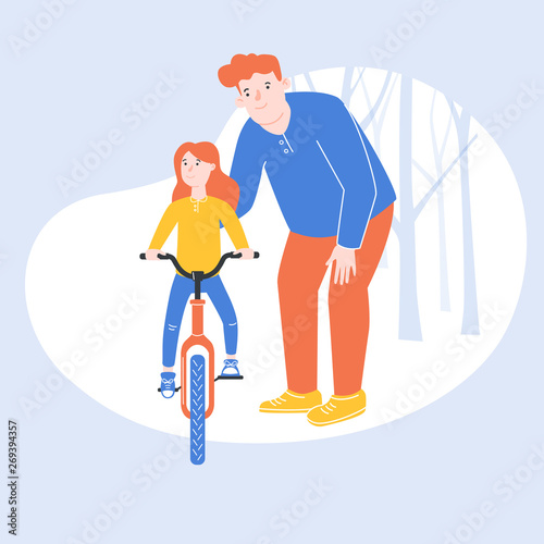Colorful illustration, on which the father is learning his daughter riding a bicycle