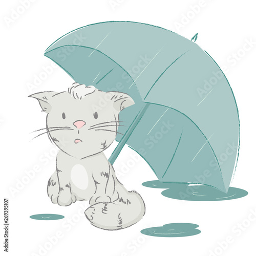 Cat under the umbrella. Cartoon pastel color vector illustration.