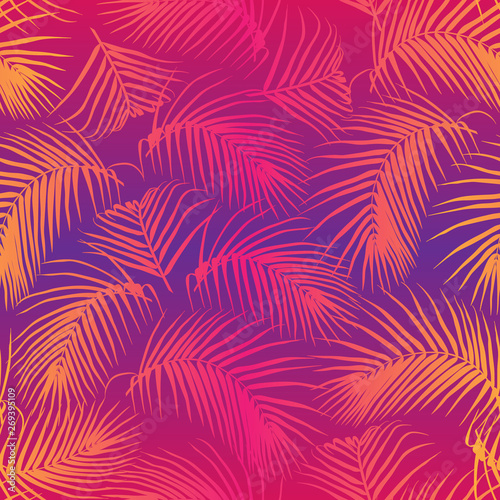Palm leaves seamless vector pattern. Neon gradient background. Futuristic digital vector wallpaper. Vaporwave, retrowave, cyberpunk aesthetics. © InnaPoka
