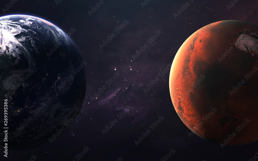 Mars and Earth, Planets of the Solar system. InSight mission. Elements of this image furnished by NASA