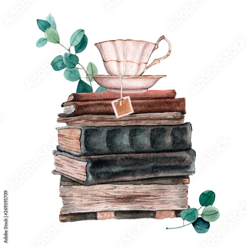 Watecrolor illustration of old books composition with leaves and flowers.