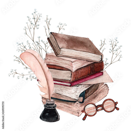 Watecrolor illustration of old books composition with leaves and flowers.