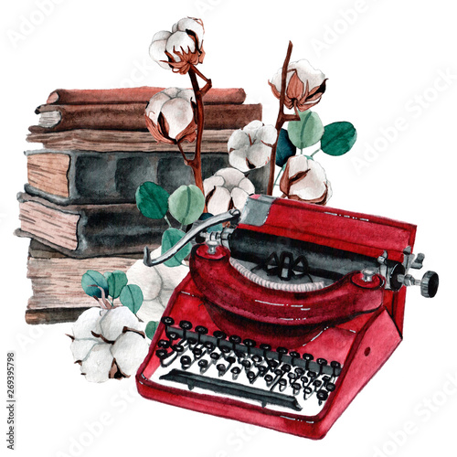 Watecrolor illustration of old books composition with leaves and flowers.