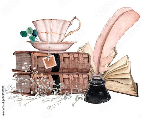Watecrolor illustration with pile of old books composition with leaves and flowers, cup of tea, inkwell and feather pen