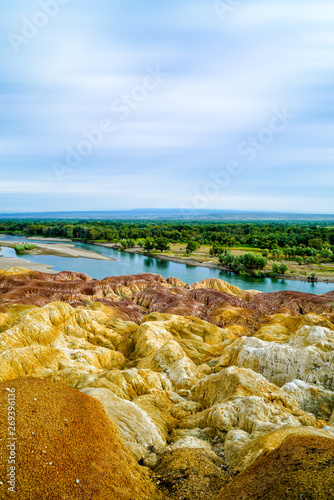 Rainbow Beach in the desert near Burqin Xinjiang Province, China. Xinjiang Colorful Beach，Rainbow beach， photo