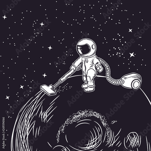 The astronaut vacuums the planet. Vector illustration