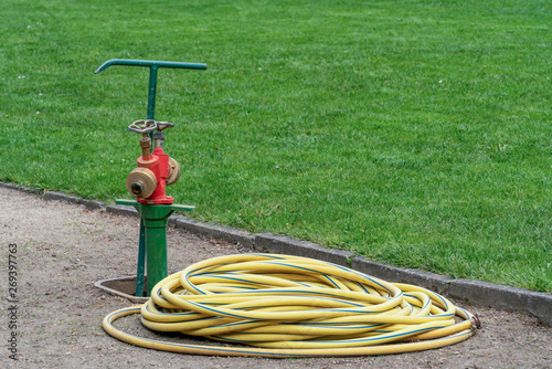 freistehender professioneller Wasserkran mit Anschluss für 2 Schläuche zur Bewässerung in Park und Gartenanlagen photo