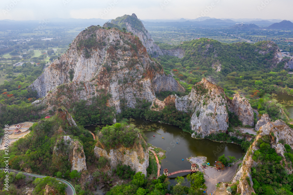 aerial over view khao ngoo mountain rock or snake mountain rock are high cliff and landmark ratchaburi province thailand