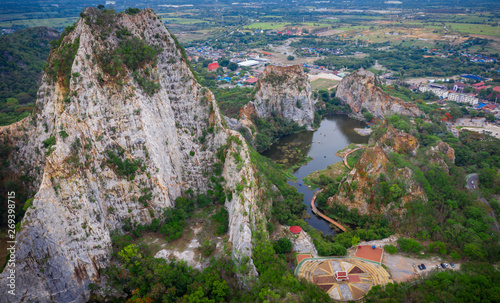 aerial over view khao ngoo mountain rock or snake mountain rock are high cliff and landmark ratchaburi province thailand photo