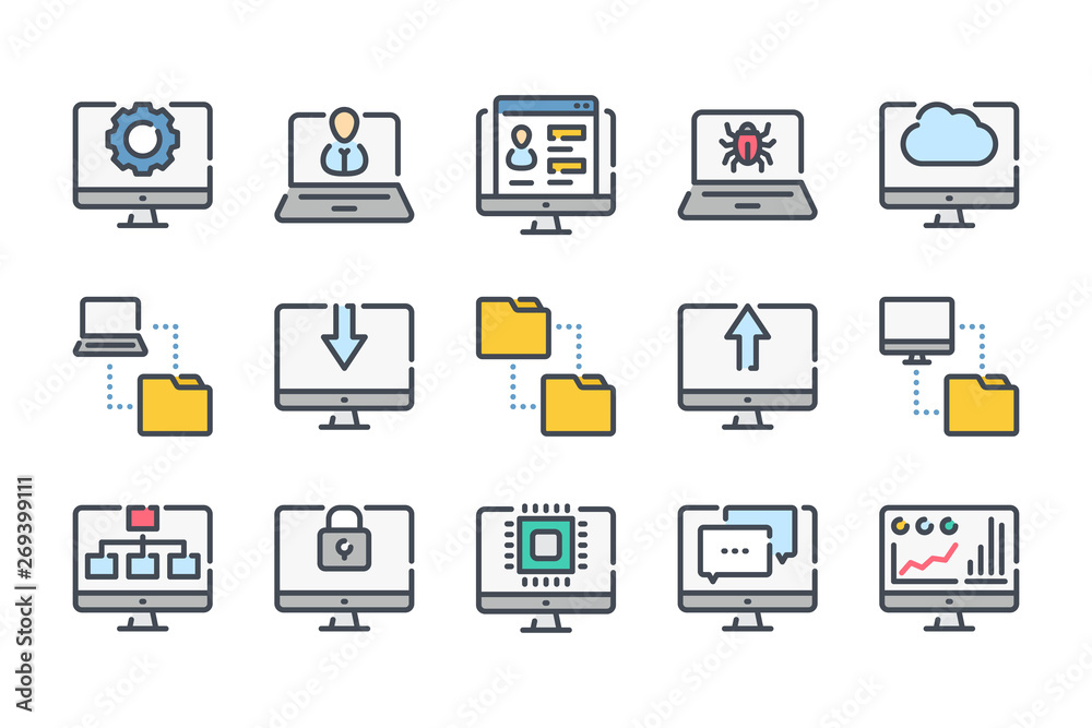 Computer technology related color line icon set. Data transfer and computer options linear icons. Synchronization and network technology colorful outline vector sign collection.