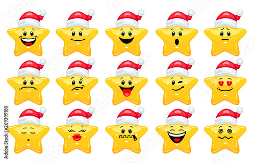 Vector set of star emoticons. Collection of yellow stars wearing Santa hat with different emotions in cartoon style on white background