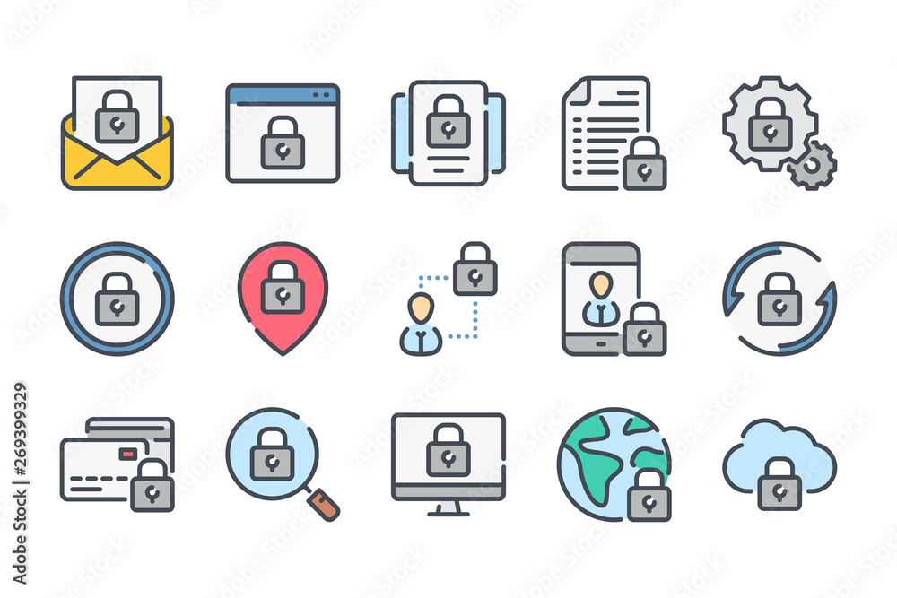 Data protection related color line icon set. Cybersecurity linear icons. Cyber protection colorful outline vector sign collection. Data protection related color line icon set. Cybersecurity linear icons. Cyber protection colorful outline vector sign collection.