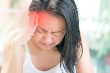 Brain diseases problem cause chronic severe headache migraine. Female adult look tired and stressed out depressed, having mental problem trouble, medical concept