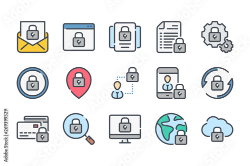 Data protection related color line icon set. Cybersecurity linear icons. Cyber protection colorful outline vector sign collection.