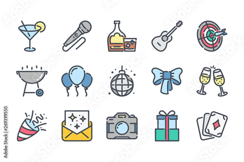 Party and celebration related color line icon set. Event and festival linear icons. Entertainment colorful outline vector sign collection.