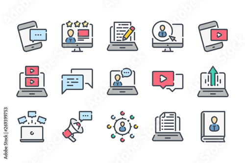 Blog and Content related color line icon set. Online Blogging linear icons. Streaming and storytelling colorful outline vector sign collection.