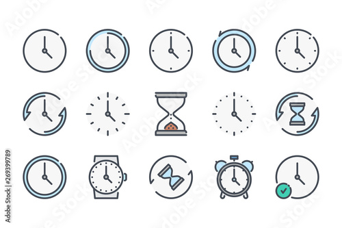 Time and countdown related color line icon set. Clock and watch linear icons. Hourglass and timer colorful outline vector sign collection.