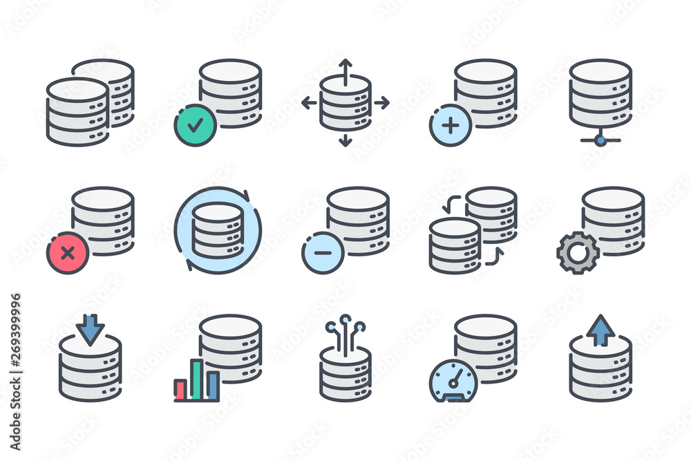 Database related color line icon set. Server and backup linear icons. Data hosting and web storage colorful outline vector sign collection.