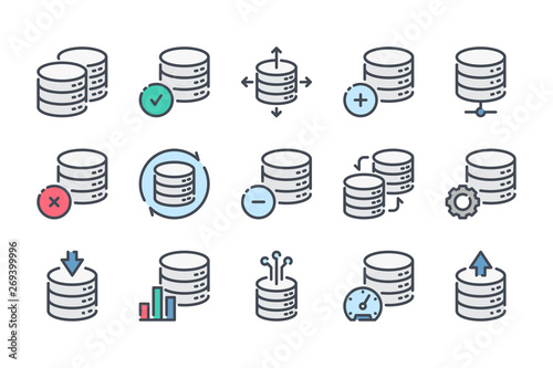 Database related color line icon set. Server and backup linear icons. Data hosting and web storage colorful outline vector sign collection. photo