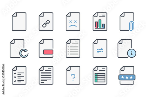 Document related color line icon set. Docs and files linear icons. File type colorful outline vector sign collection.