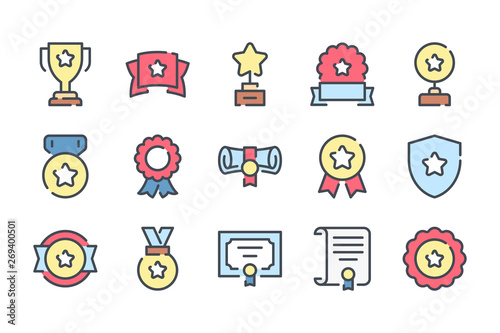 Award trophy related color line icon set. Prize cup and reward linear icons. Diploma and medals colorful outline vector sign collection.