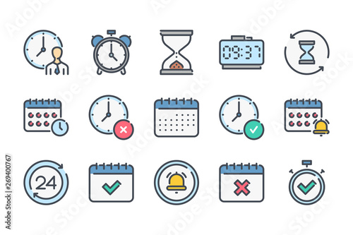 Time and date related color line icon set. Alarm and timer linear icons. Hourglass and calendar colorful outline vector sign collection.
