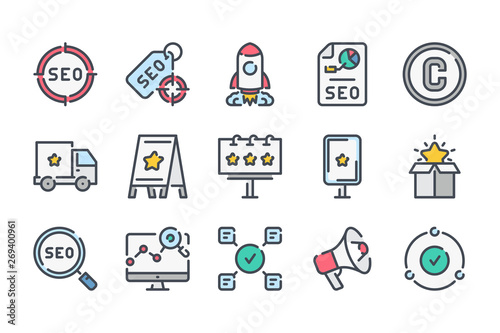 Corporate brand style and SEO related color line icon set. Brand project linear icons. Advertisement colorful outline vector sign collection.