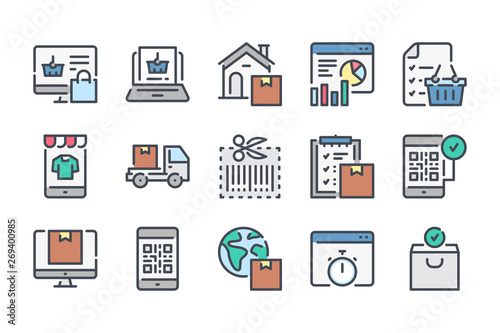 Online retail and marketing related color line icon set. E-commerce linear icons. Online shopping colorful outline vector sign collection.
