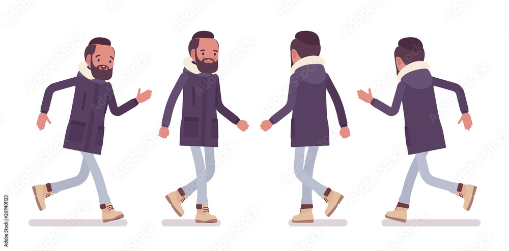 Fototapeta premium Parka man running. Young guy wearing warm windproof jacket with a hood, cold weather city male outfit. Vector flat style cartoon illustration isolated on white background, front and rear view