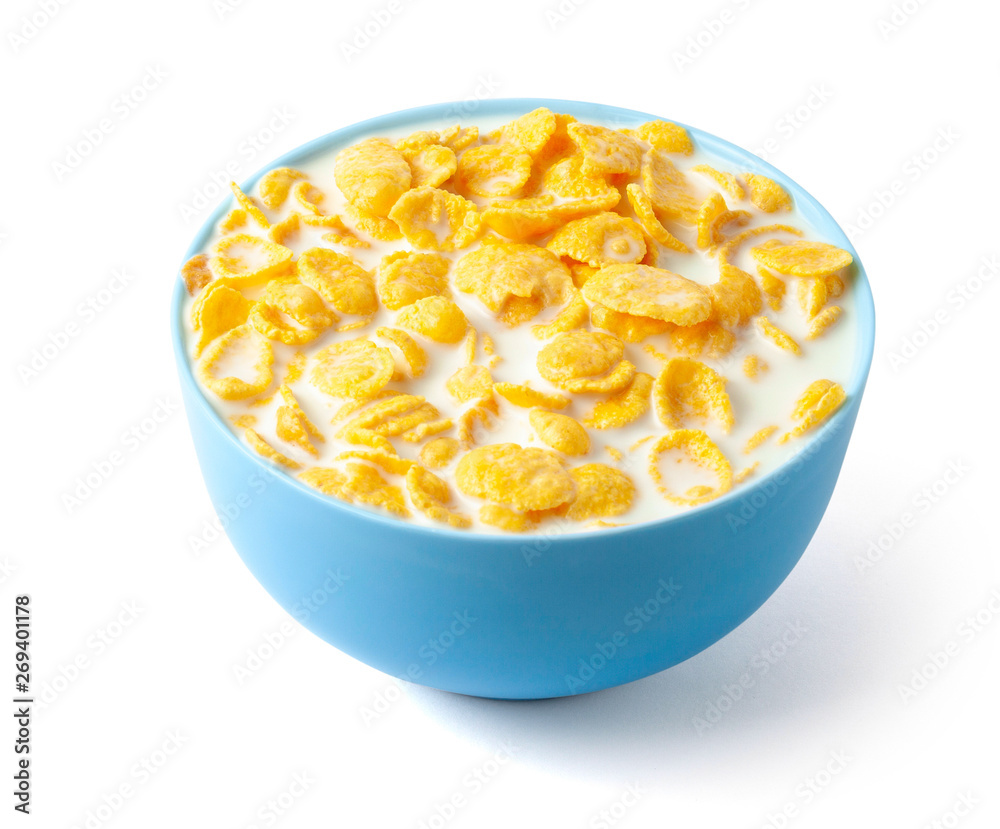 Cornflakes dry breakfast with milk. The blue plate is full of cereal and  milk. Isolated on white background. Stock Photo | Adobe Stock