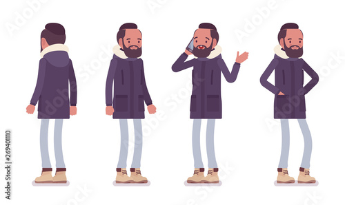 Parka man standing with phone. Young guy wearing warm windproof jacket with hood, cold weather city male outfit. Vector flat style cartoon illustration isolated on white background, front, rear, view