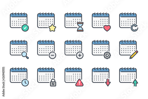 Calendar related color line icon set. Planner linear icons. Calendar services colorful outline vector sign collection.