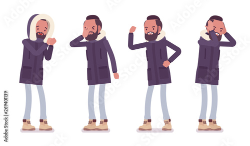 Parka man in negative emotions. Young angry guy wearing warm windproof jacket with a hood, cold weather city male outfit. Vector flat style cartoon illustration isolated on white background