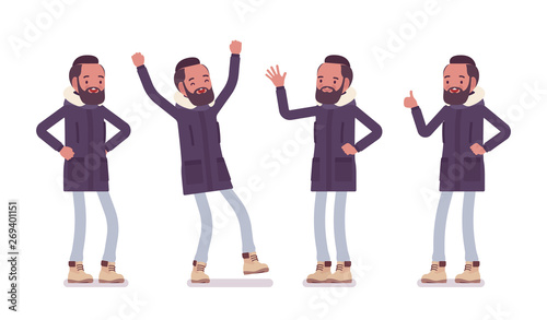 Parka man in positive emotions. Young happy guy wearing warm windproof jacket with a hood, cold weather city male outfit. Vector flat style cartoon illustration isolated on white background