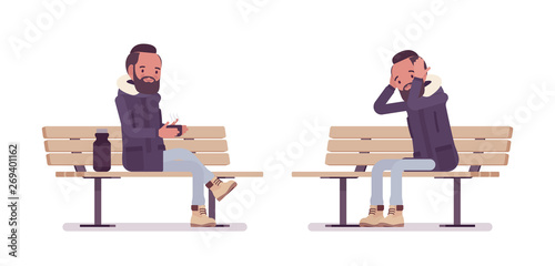 Parka man sitting on a park bench. Young guy wearing warm windproof fall jacket with a hood, cold weather city male outfit. Vector flat style cartoon illustration isolated on white background