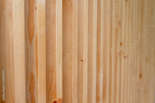 Close up Large brown wooden battens  for blinds and sunscreen protection.