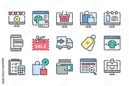 Online shopping related color line icon set. E-commerce linear icons. Shop and retail colorful outline vector sign collection.