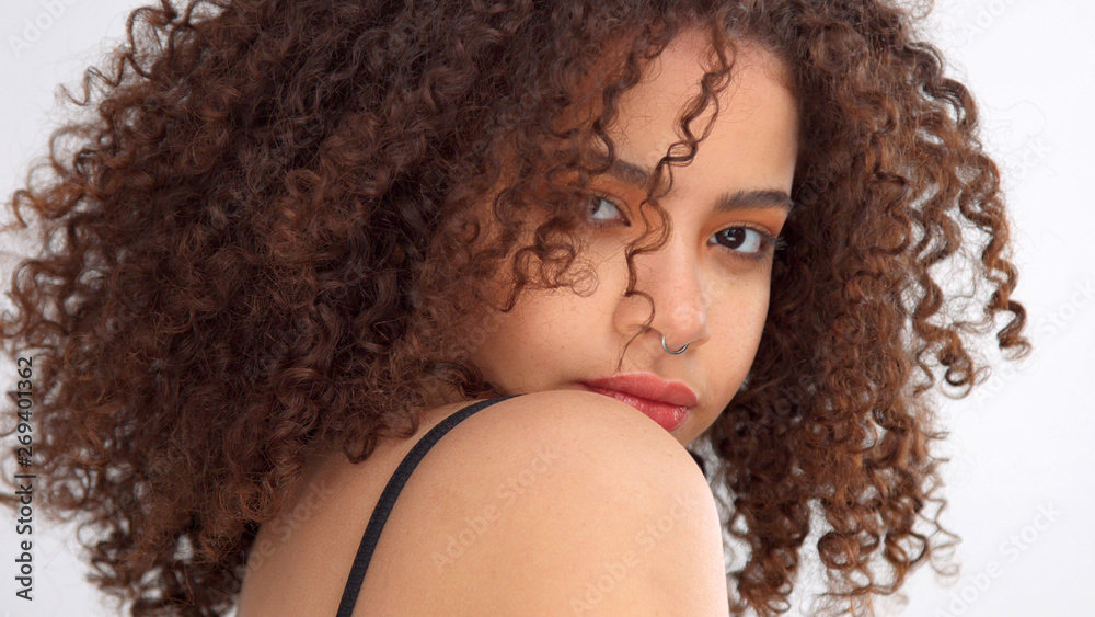 Hair Blowing Closeup Portrait Of Mixed Race Model With Freckles Has Gorgeous Curly Big Hair 0706