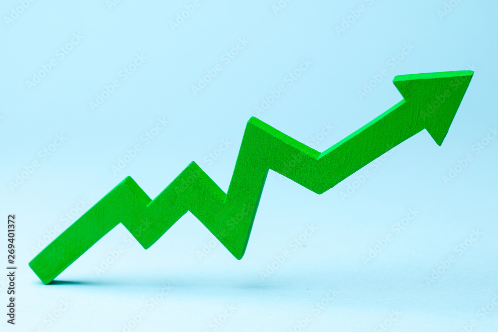 Chart with green up arrow on blue background. Growth in business. Chart with green up arrow on blue background. Growth in business.