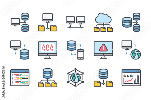 Network and hosting related color line icon set. Server and database linear icons. Synchronization colorful outline vector sign collection.