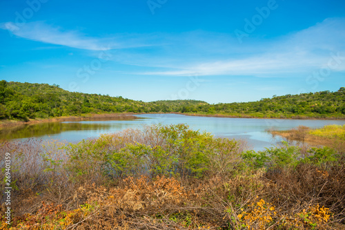 A view of Soizao Water Reservoir in midst of a preserved Caatinga forest in the countryside of Oeiras  Piaui  Brazil 