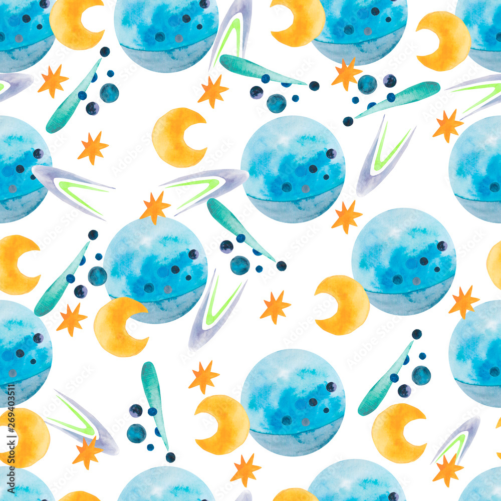 Watercolor seamless pattern with space elements. Figure made by hand.  Cover design, fabrics, clothes, postcards, textiles, packaging