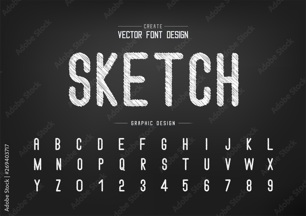 Sketch Font and alphabet vector, Chalk Letter style typeface and number design, Graphic text on background