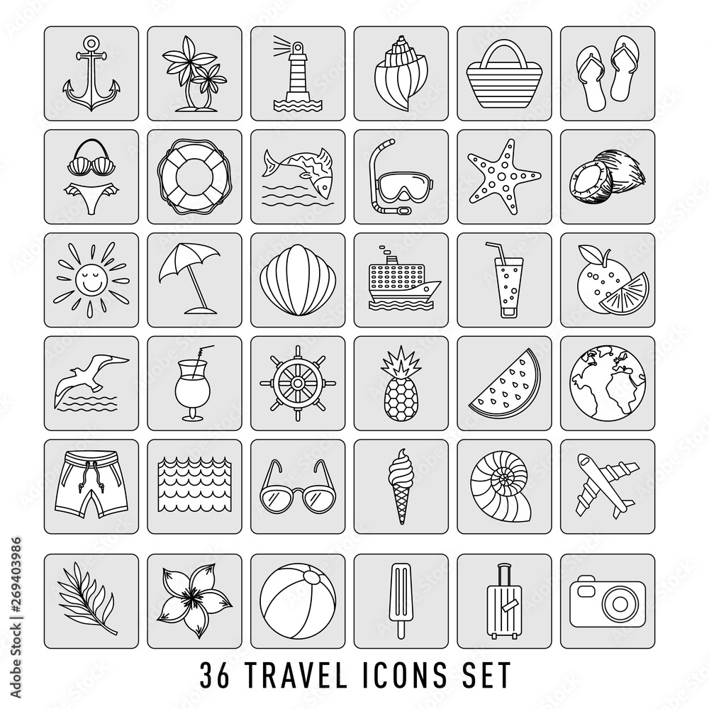 summer Set of 36 travel icons, thin line style, vector illustration Outline Holiday. black sketch summer Set of 36 travel icons, thin line style, vector illustration Outline Holiday. black sketch