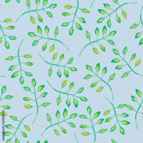 Little branch with leaves  watercolor painting - seamless pattern on light blue